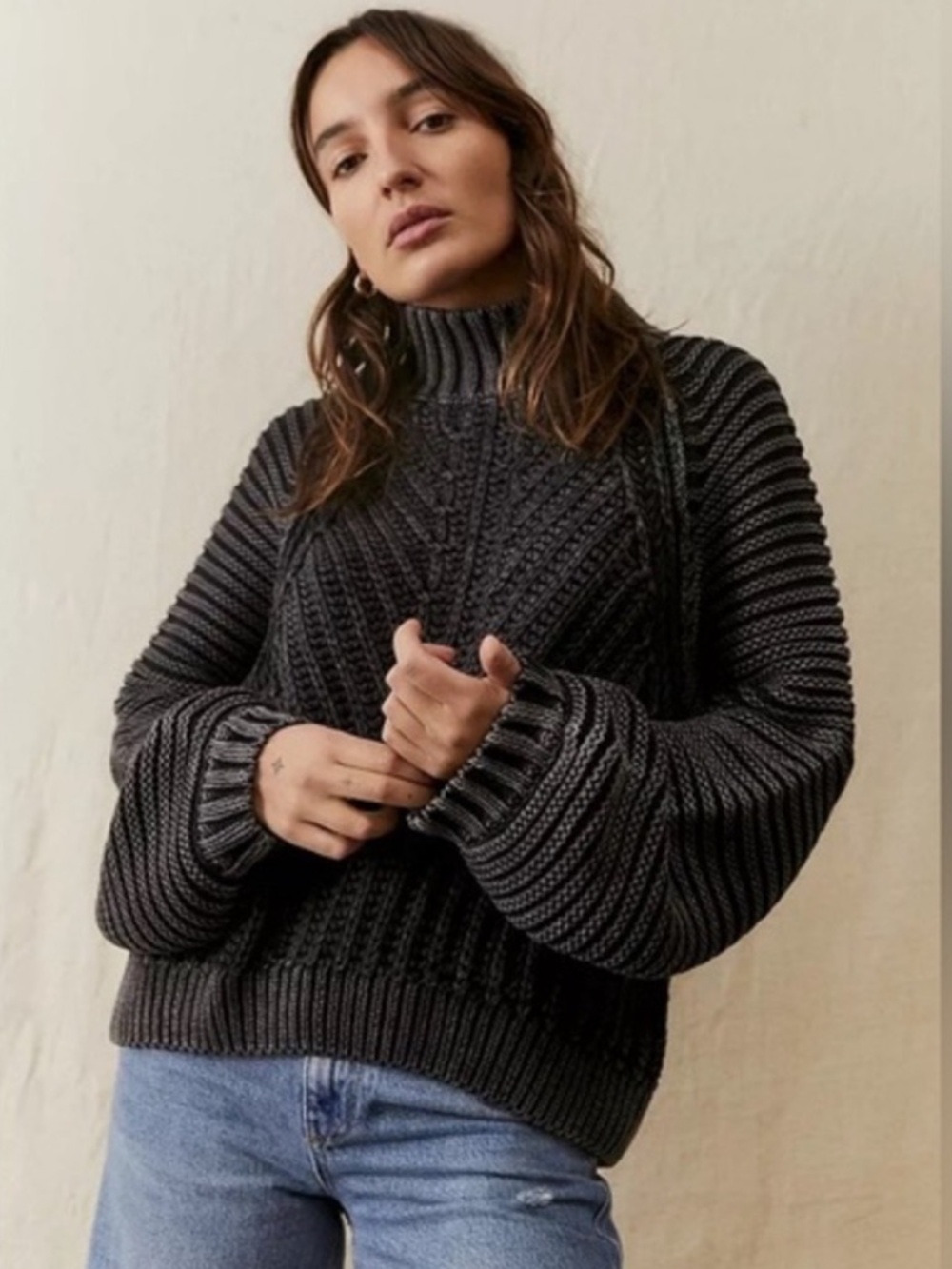 Free People Sweetheart Sweater Mock Neck Ribbed Knit Chunky Faded Black Grey XS